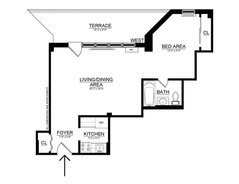 Floor plan for studio, 1 bath